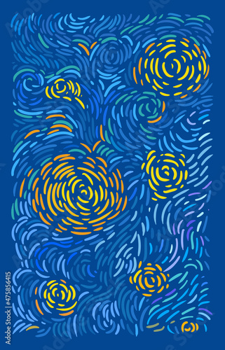 Glowing yellow stars and blue sky abstract background. Vector pattern in the style of impressionist paintings.