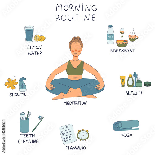 Cute meditation girl with morning routine elements