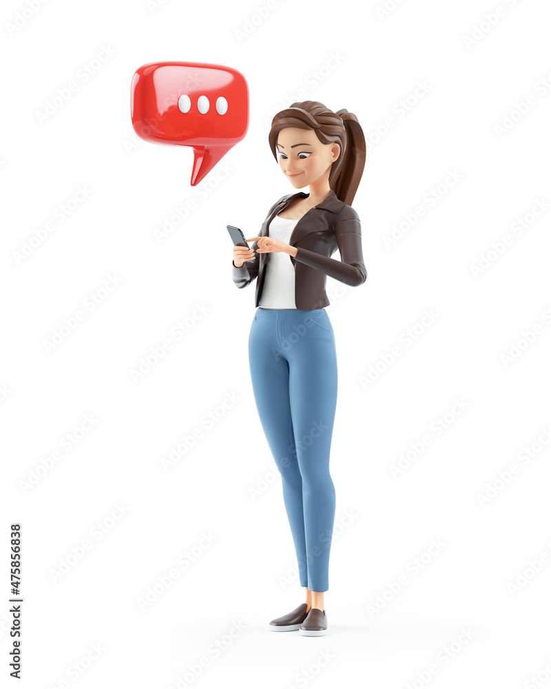 3d cartoon woman texting with smartphone 3d cartoon woman texting with smartphone