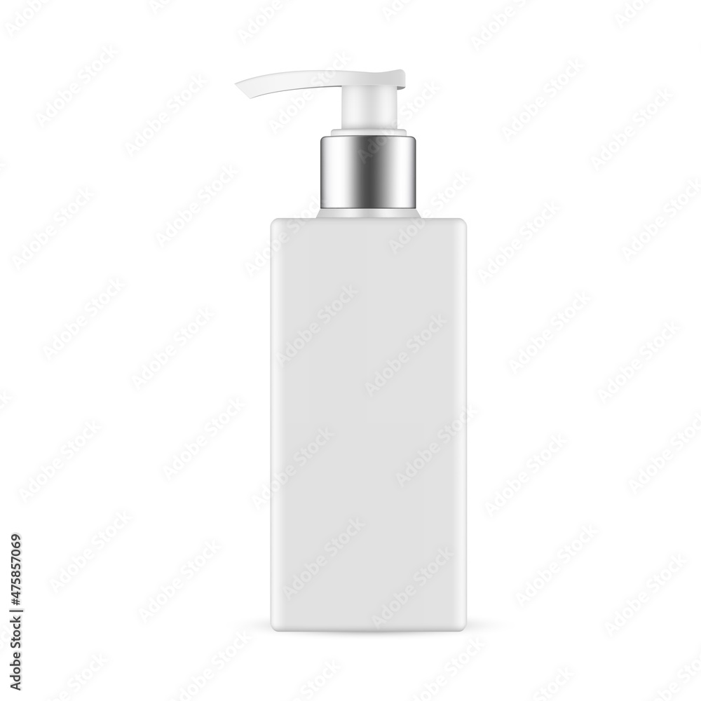 Rectangular Plastic Pump Bottle with Metallic Cap, Isolated on White Background. Vector Illustration Rectangular Plastic Pump Bottle with Metallic Cap, Isolated on White Background. Vector Illustration