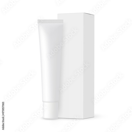 Blank Plastic Cosmetic Tube with Tall Paper Box Mockup, Isolated on White Background. Vector Illustration