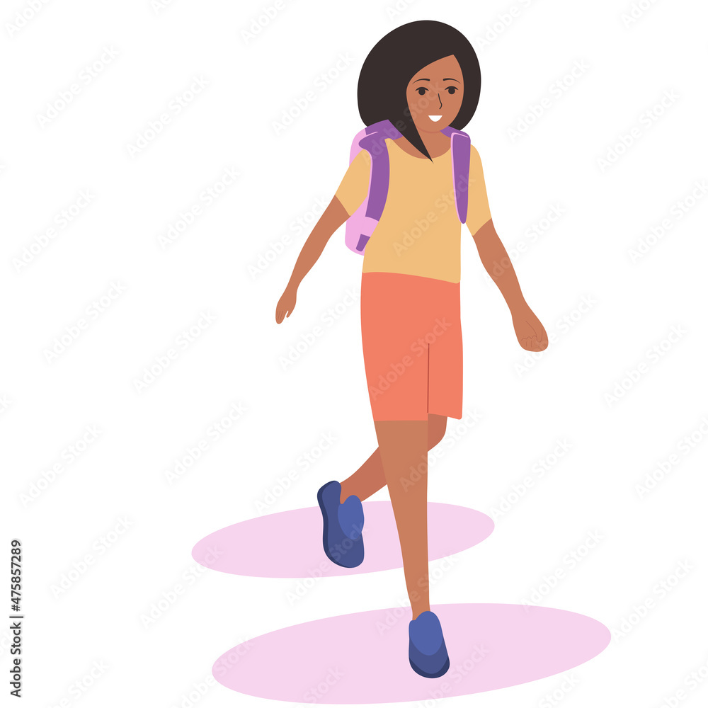 African American girl goes to school. Backpack with books. Great mood. Vector, flat, white background. African American girl goes to school. Backpack with books. Great mood. Vector, flat, white background.