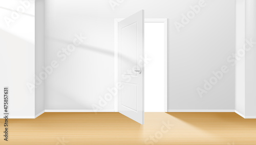 Bright interior with opened door and sunlight effect. Vector 3d illustration