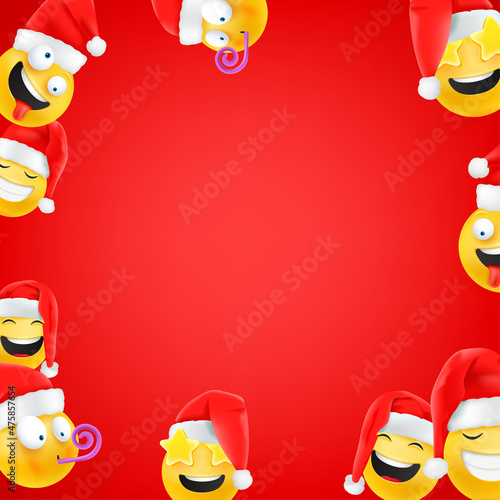 Laughing faces with santa hats vector background. Story template with copy space