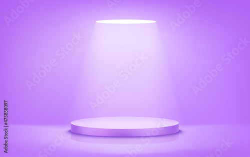 Illuminated violet round stage with bright light. Realistic vector illustration