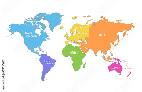 World map and continents, color map isolated on white background vector