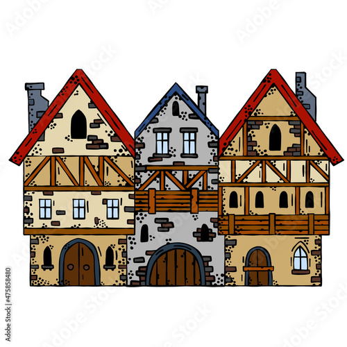 Medieval house. Village building. Old house with chimney. Cartoon retro illustration. European Small old town