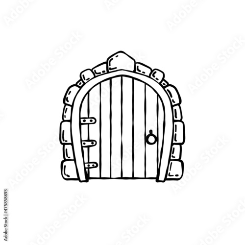 Old wooden door of castle. Ancient entrance to fortress or house. Cartoon scenery. Gate to dungeon. Door with arch and doorway. Hand drawn outline illustration