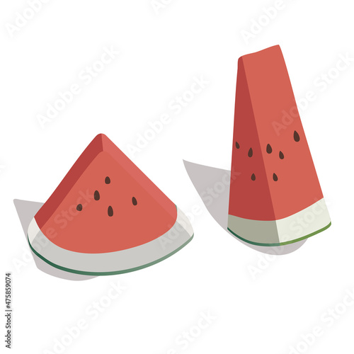 Two slices of red ripe watermelon. Vector, flat, white background.