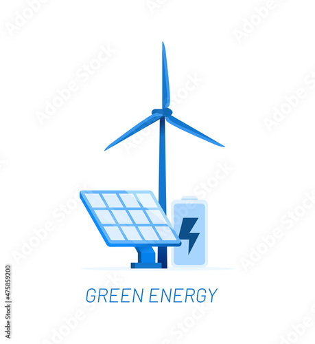 Clean energy production. Wind turbine, solar panel and battery. Isolated vector illustration.