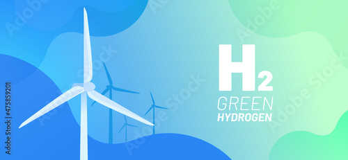 Green Hydrogen vector illustration concept. Alternative energy and fuel source. Wind turbine and text H2. Abstract background for website banner, advertising campaign or news article.