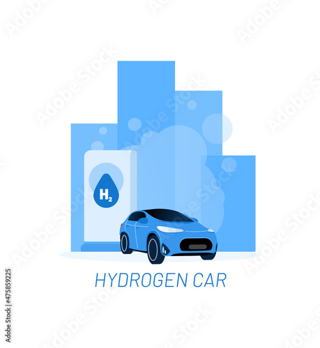 Hydrogen car and vector illustration concept. Big blue car with fuel station an the city. Template for website banner, advertising campaign or news article.