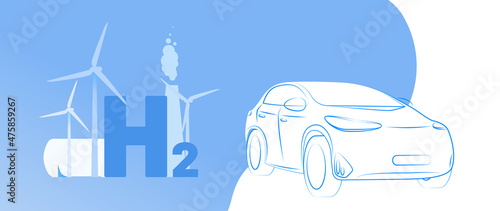 Hydrogen car and vector illustration concept. Big blue car with big text H2 and factory. Template for website banner, advertising campaign or news article.