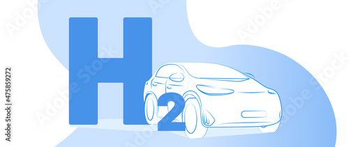 Hydrogen car and vector illustration concept. Big blue car with big text H2. Template for website banner, advertising campaign or news article.