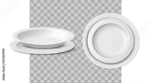 3d realistic vector icon. Set of tableware dishes. Front and side view.