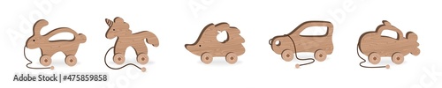 Children's toys for Children's Games and Entertainment set Wooden Hedgehog machine Hippo Whale Submarine Turtle Vector Illustration