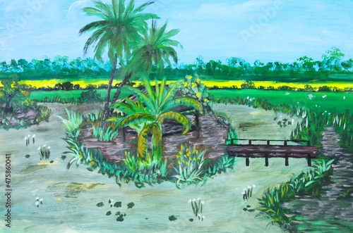 Oil painting on canvas of rural Thai countryside