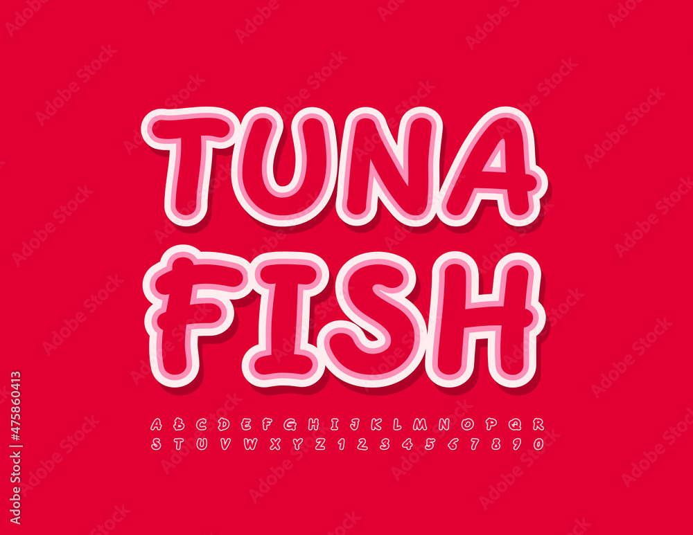 Vector bright Emblem Tuna Fish. Handwritten Red Font. Creative Alphabet Letters and Numbers Vector bright Emblem Tuna Fish. Handwritten Red Font. Creative Alphabet Letters and Numbers