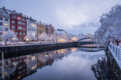 Winter evening at river in historical city Ceske Budejovice in the Czech Republic