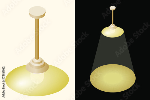 Isometric vector celling light. 3D rendering lamp for celling home interior illustration with dropping light on the floor.