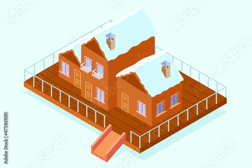 Ski resort wood cabin vector isometric, 3D rendering.  Isometric projection of ski resort wood house illustration with snow covered roofs on the snow platform. Vector illustration