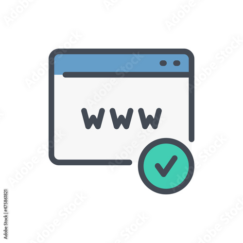 Verified website color line icon. Web page with WWW and check mark in circle vector outline colorful sign.