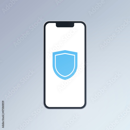 Shield on smartphone and protect flat vector illustration. 