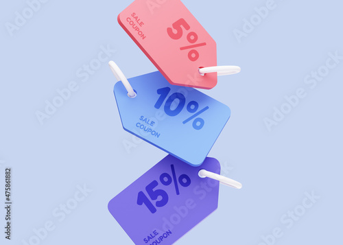 Set of coupons or vouchers with 5, 10 and 15 percent discount. Sale tag. Online shopping and purchases. Promotion banner template. Mockup with empty copy space. 3D rendering