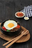 Bibimbap Rice with Mix Sautee Vegetables, Beef,  and Egg. Served with Red Spicy Bibimbap Sauce and Sesame Oil. Copy Space for Text