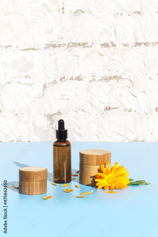 Natural cosmetics based on calendula. Skin care. Calendula flowers.