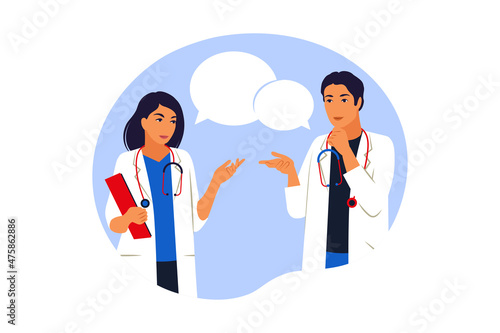 Medicine team concept with couple of doctors in hospital. Practitioner young doctors young man and woman standing. Consultation and diagnosis. Vector illustration. Flat