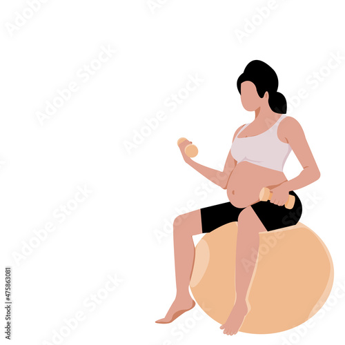 No face Pregnant woman yoga pose .Young beautiful woman Pregnant is sitting on the ball, holding a drumbell in both hands .Vector isolate flat design concept for exercising prenatal better for mum.