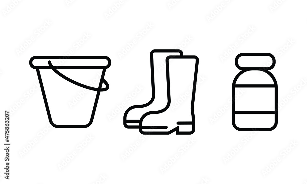 set of icon collection related to gardening tools and equipments. a bucket, boots, and fertilizer. the editable stroke line for web icon interface or any design element. set of icon collection related to gardening tools and equipments. a bucket, boots, and fertilizer. the editable stroke line for web icon interface or any design element.