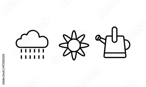 set of icon collection related to gardening tools and equipments. a rain cloud, sun, and watering plant. the editable stroke line for web icon interface or any design element.