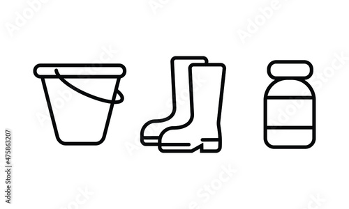 set of icon collection related to gardening tools and equipments. a bucket, boots, and fertilizer. the editable stroke line for web icon interface or any design element.