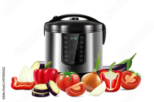 Multi Cooker and bunch of fresh vegetables , realistic 3d vector composition with image of crock pot electric appliance for kitchen, isolated on white background