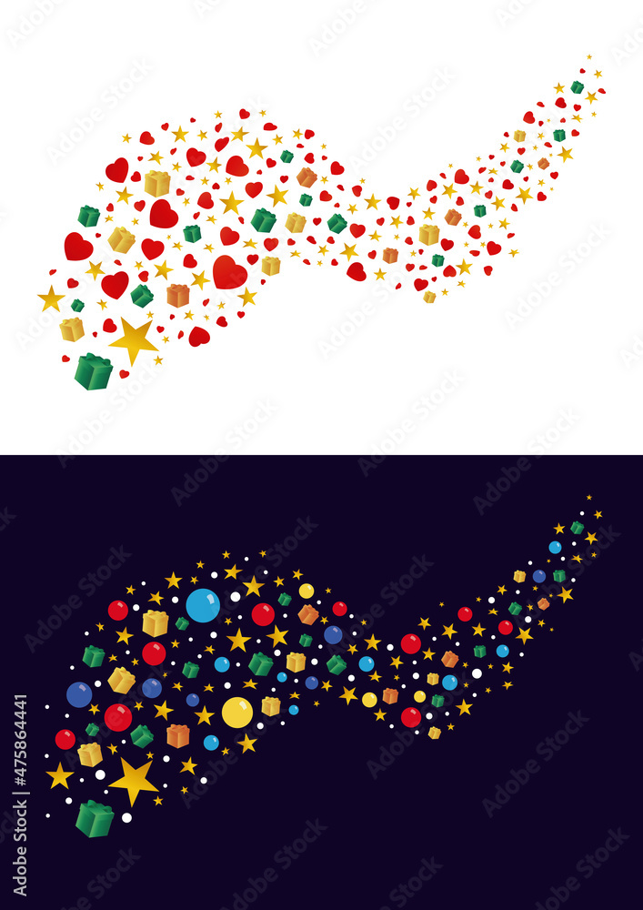 Flying multicolored holidays stars, balls, gift boxes, hearts, snow fly in a whirlwind. Vector illustration