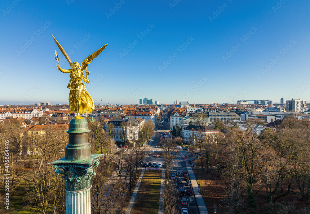The Friedensengel overlooking Munich. - obrazy, fototapety, plakaty 