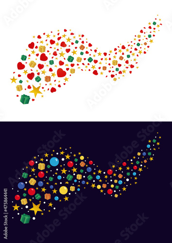 Obraz na płótnie Flying multicolored holidays stars, balls, gift boxes, hearts, snow fly in a whirlwind. Vector illustration w salonie
