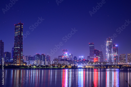 Cityscape night view of Yeouido, Seoul at sunset time