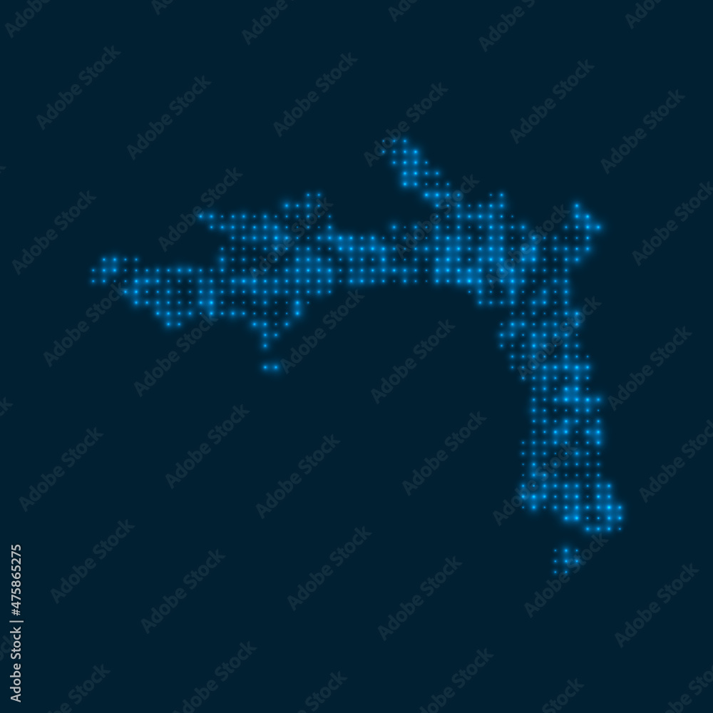 Peter Island dotted glowing map. Shape of the island with blue bright bulbs. Vector illustration.
