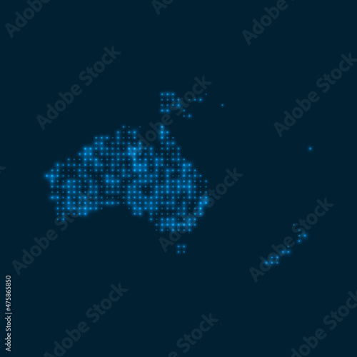 Oceania dotted glowing map. Shape of the continent with blue bright bulbs. Vector illustration.