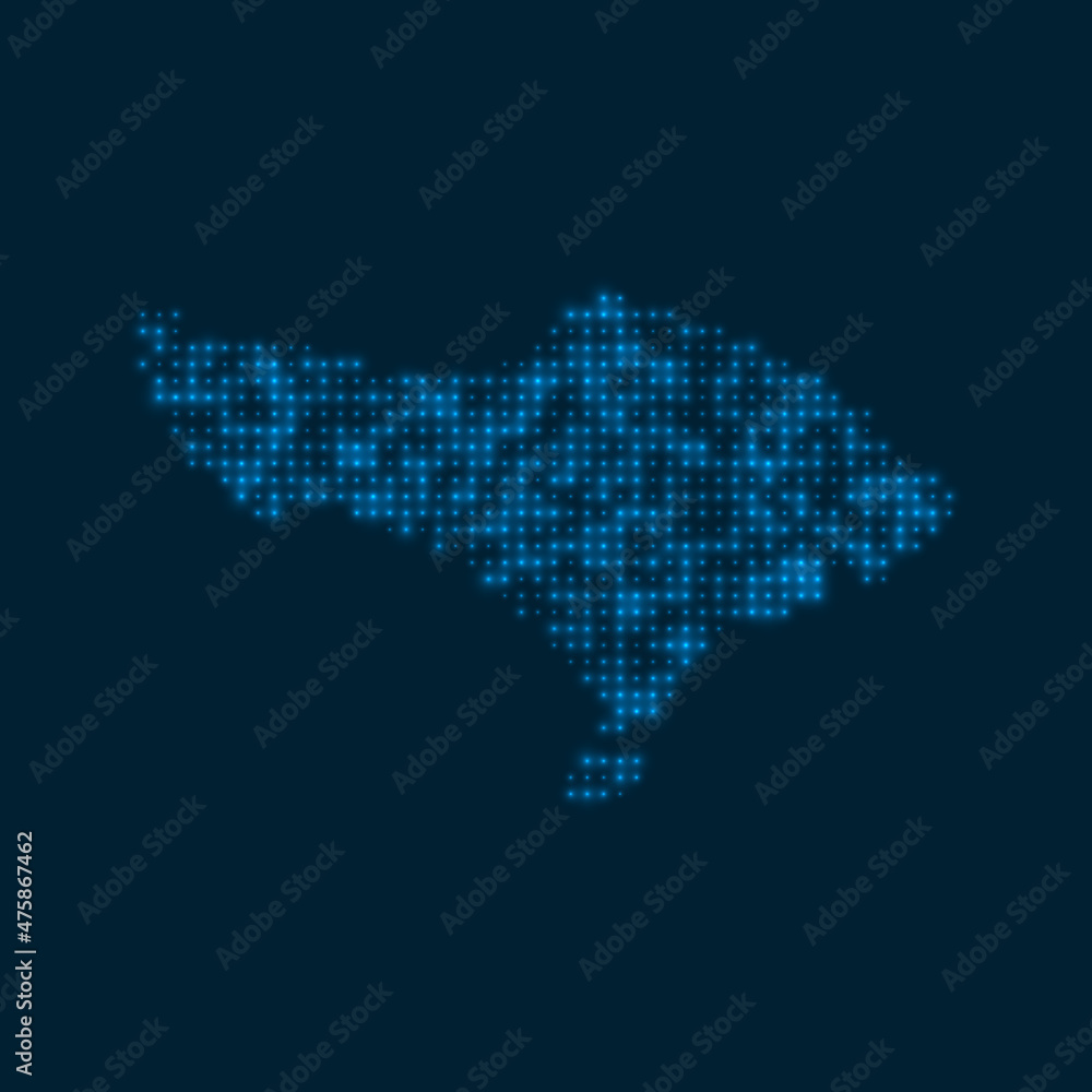 Bali dotted glowing map. Shape of the island with blue bright bulbs. Vector illustration.