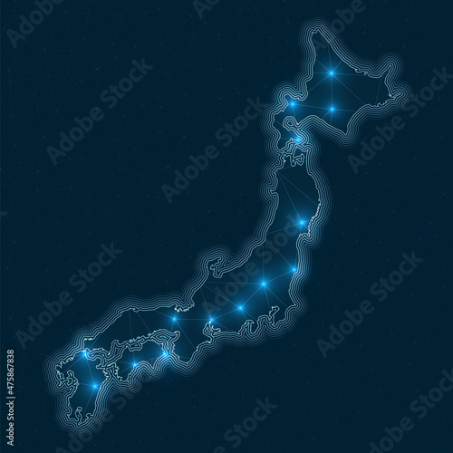 Japan network map. Abstract geometric map of the country. Digital connections and telecommunication design. Glowing internet network. Vibrant vector illustration.