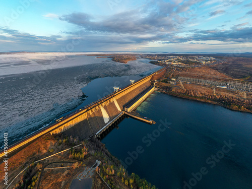 The Bratsk Hydroelectric Power Station. A dam on the Angara River and adjacent hydroelectric power station. 