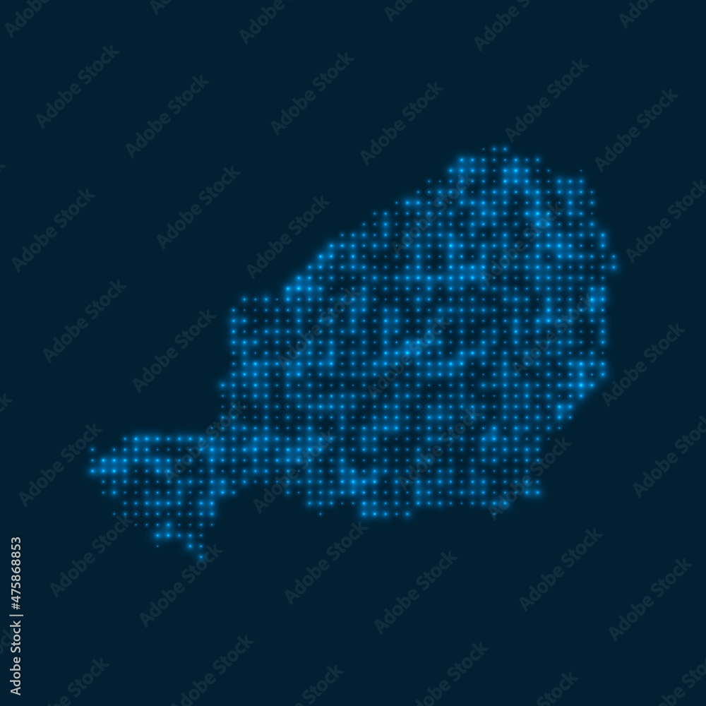 Niger dotted glowing map. Shape of the country with blue bright bulbs. Vector illustration.