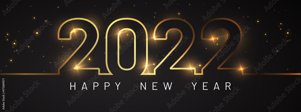 Happy New Year of glitter gold fireworks. Vector golden glittering text and 2022 numbers with sparkle shine for holiday greeting card. - obrazy, fototapety, plakaty 