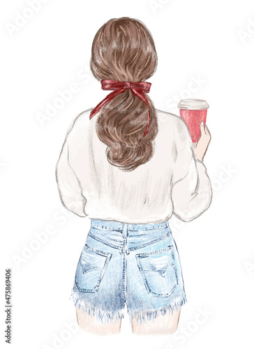 Teenage Girl in Sweatshirt with a cup of Coffee, hand drawn illustration
