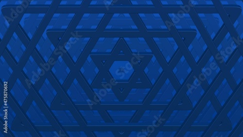 Concept: Judaism background. Dark blue stars of david grow on the light blue surface. Geometric surface background animation. Loopable. Full frame. 3d rendering. photo