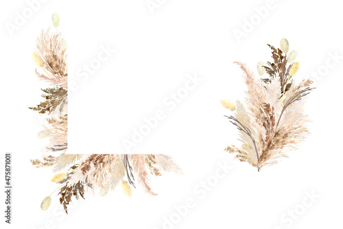 Pampas grass watercolor border. Hand painted boho floral neutral colors, beige corner frame. Botanical elements isolated on white. Bohemian style wedding invitation, greeting, card
